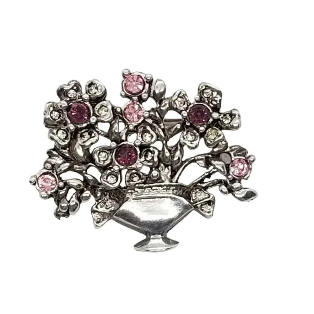 VINTAGE SILVERPLATED & AUSTRIAN CRYSTAL FLOWERS IN VASE BROOCH